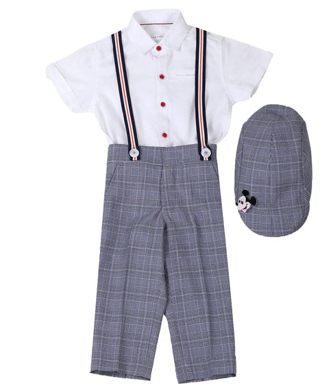 Pre-Order: Checkered Suspender Pants with White Shirt-Blue/White