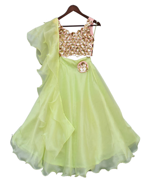 Pre-Order: Sequence 3D Flower Choli with Green Organza Lehenga