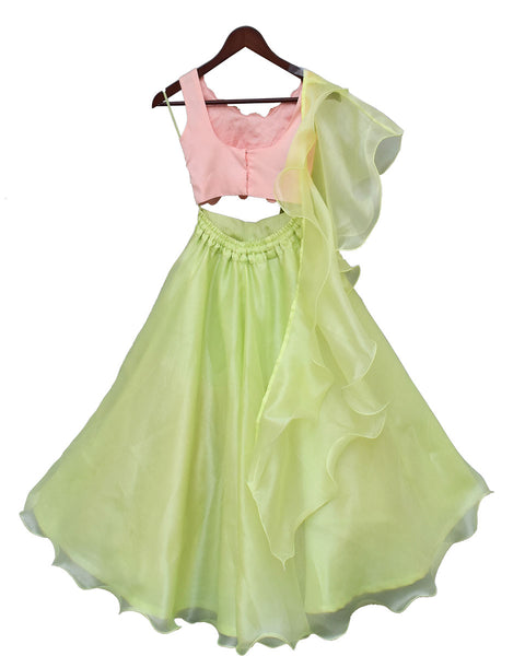 Pre-Order: Sequence 3D Flower Choli with Green Organza Lehenga