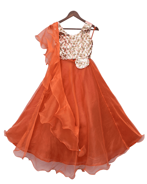 Pre-Order: Sequence 3D Flower Choli with Orange Organza Lehenga