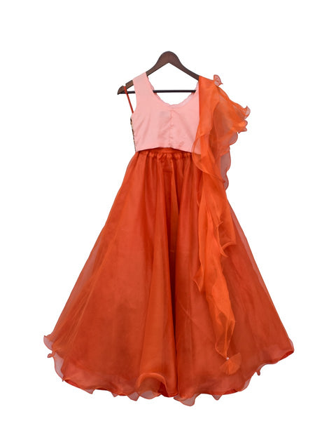 Pre-Order: Sequence 3D Flower Choli with Orange Organza Lehenga