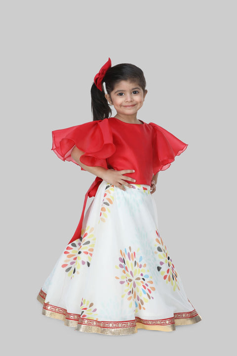 Pre-Order: Frilly Sleeves Red Top With Multi Colour Lehenga And Sing Bag