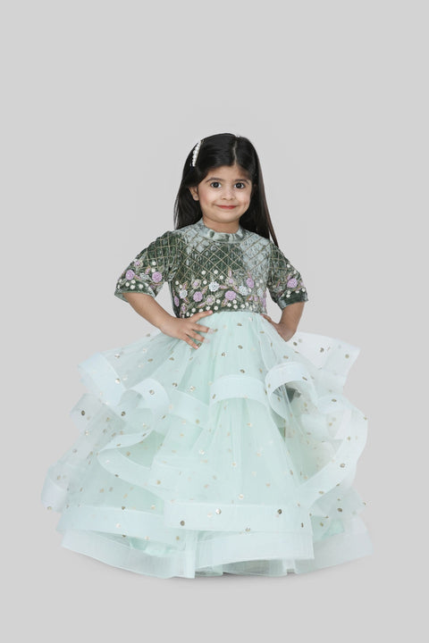 Pre-Order: Green Velvet Embroidered Top with Sequin Net Anarkali