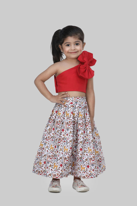 Pre-Order: Red Crop Top With Printed Short Skirt
