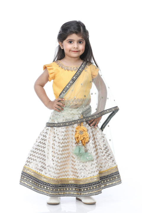 Pre-Order: Yellow Choli And Off-White Lengha With Attached Dupatta