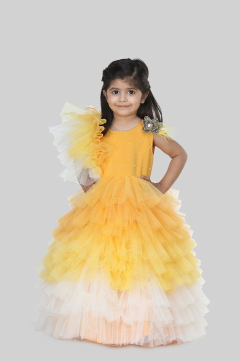 Pre-Order:  Exquisite Mustard Yellow Floral And Pearl Embellished Ruffled Gown