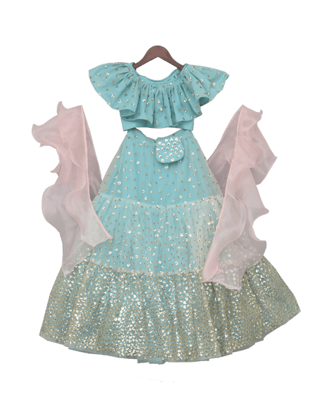 Pre-Order: Sky Blue Sequence Top with Lehenga