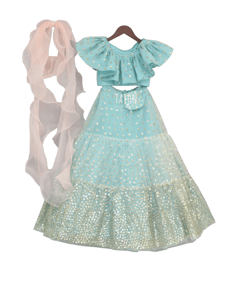 Pre-Order: Sky Blue Sequence Top with Lehenga