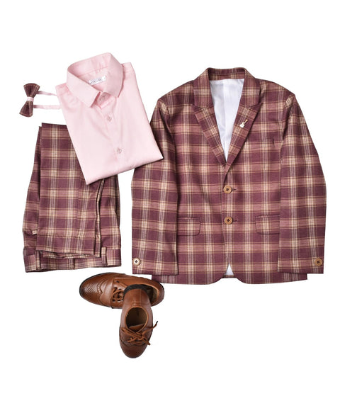 Pre-Order:  Maroon Check Suit with Pink Shirt and same Bowtie