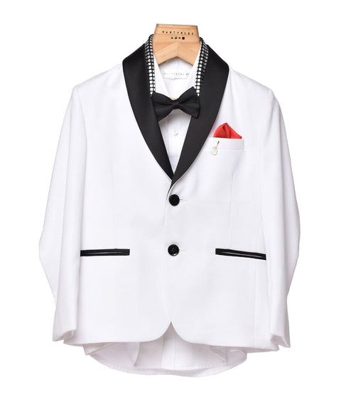 Pre-Order: White Tux with Black Collar & Sequence Fabric Stall