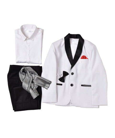 Pre-Order: White Tux with Black Collar & Sequence Fabric Stall