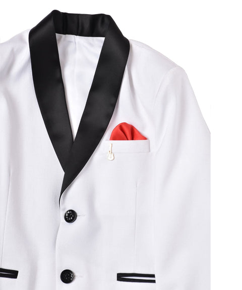 Pre-Order: White Tux with Black Collar & Sequence Fabric Stall