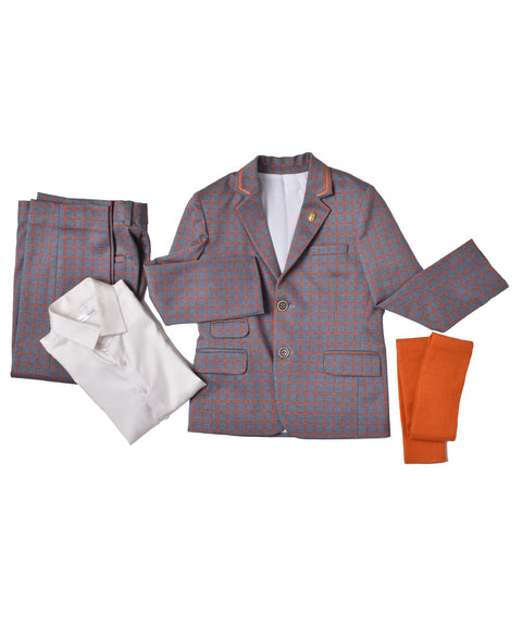 Pre-Order:  Blue Check Suit with Orange Detailing & Orange Stole