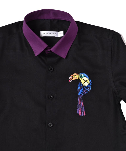 Pre-Order: Black shirt with Purple Collar & Embroidery on Chest