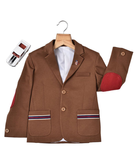 Pre-Order: Bronze Blazer with detailing on pockets and maroon Elbow Patch