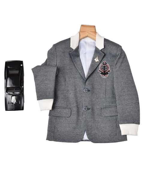Pre-Order: Houndstooth Grey Blazer with White Ribbed Collar & Cuff