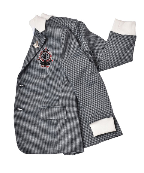 Pre-Order: Houndstooth Grey Blazer with White Ribbed Collar & Cuff