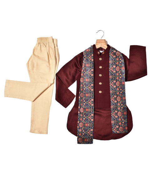 Pre-Order: Maroon Bandi Set with same colour Kurta & Printed Stole