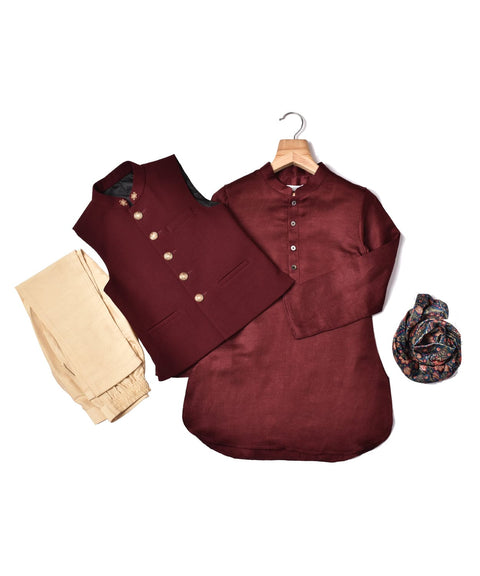 Pre-Order: Maroon Bandi Set with same colour Kurta & Printed Stole