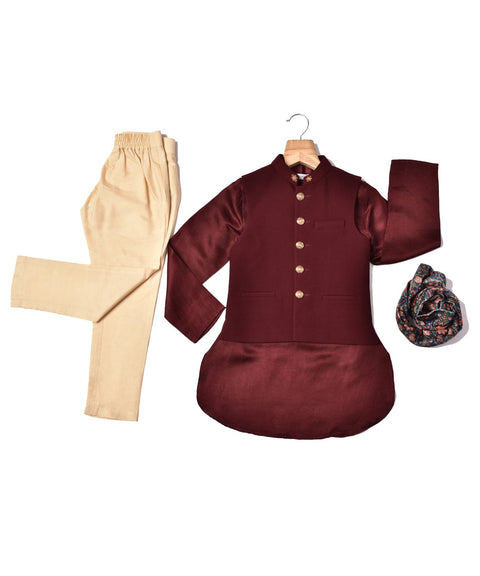 Pre-Order: Maroon Bandi Set with same colour Kurta & Printed Stole