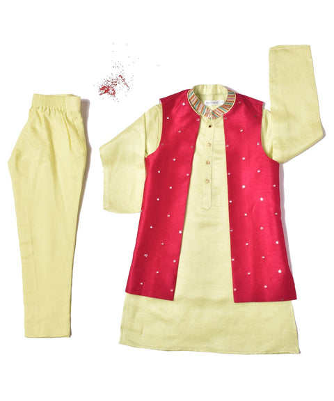 Pre-Order: Pista Green Kurta with Embroidery & Rani Pink waistcoat