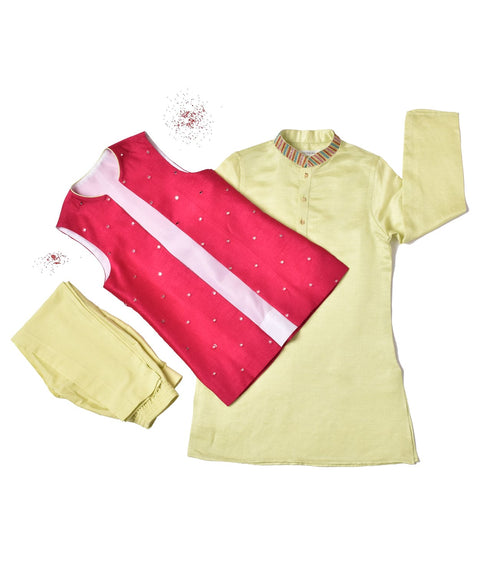 Pre-Order: Pista Green Kurta with Embroidery & Rani Pink waistcoat