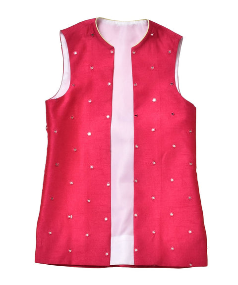 Pre-Order: Pista Green Kurta with Embroidery & Rani Pink waistcoat