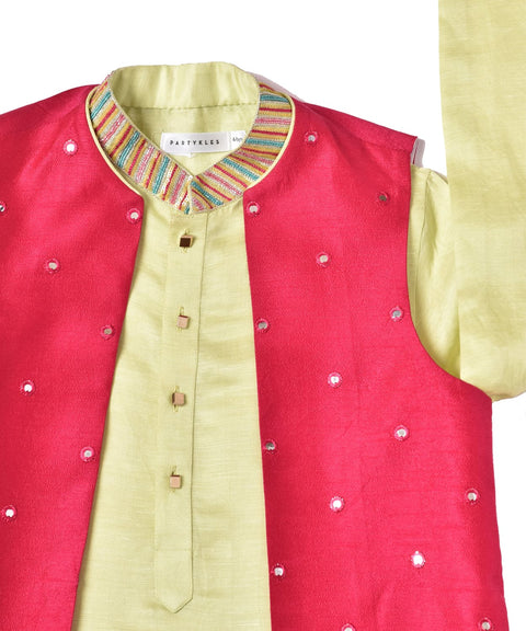 Pre-Order: Pista Green Kurta with Embroidery & Rani Pink waistcoat