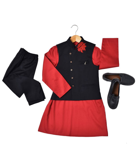 Pre-Order: Red Kurta with Black Embroidered waistcoat