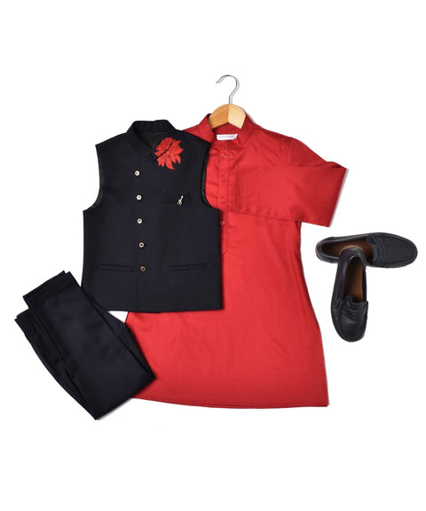 Pre-Order: Red Kurta with Black Embroidered waistcoat