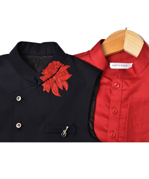 Pre-Order: Red Kurta with Black Embroidered waistcoat