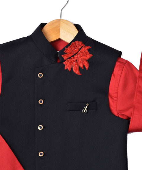 Pre-Order: Red Kurta with Black Embroidered waistcoat