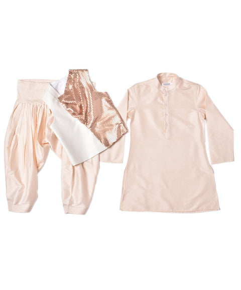 Pre-Order: Peach Kurta with Sequence Fabric combo Waistcoat
