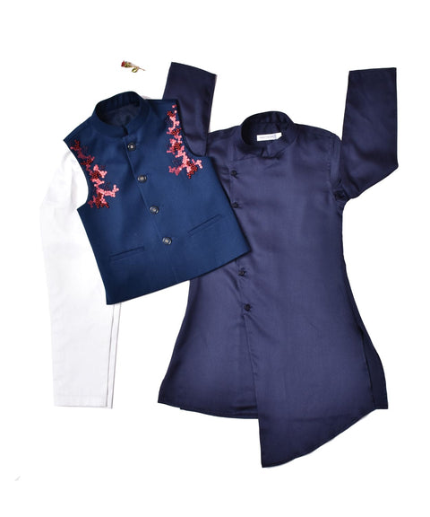 Pre-Order: Navy Blue Kurta with Embroidered Waistcoat