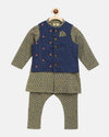 Pre-Order: Boys Bundi Kurta Set Printed Buti - Blue