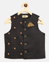Pre-Order: Boys Bundi Kurta Set Printed Buti - Black