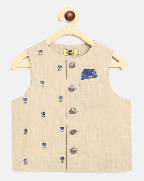 Pre-Order: Boys Bundi Kurta Set Printed Floral - Blue