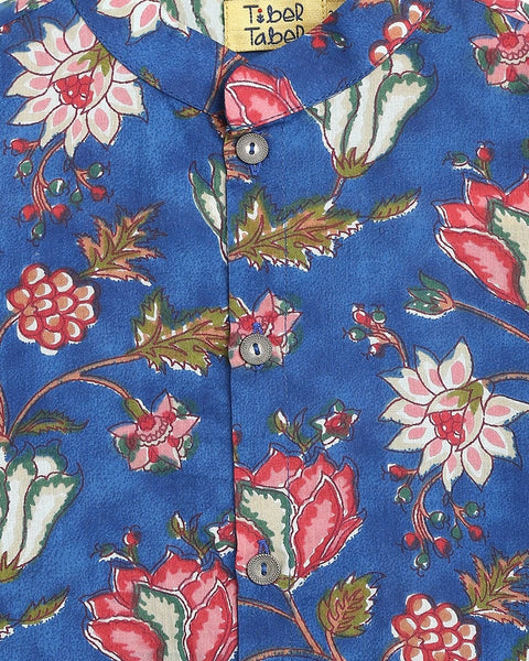 Pre-Order: Boys Bundi Kurta Set Printed Floral - Blue