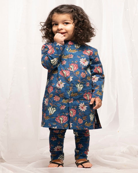 Pre-Order: Boys Bundi Kurta Set Printed Floral - Blue