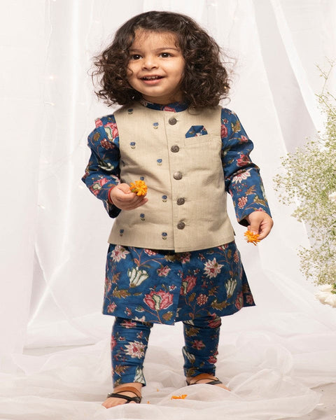 Pre-Order: Boys Bundi Kurta Set Printed Floral - Blue