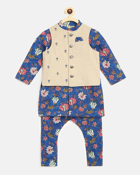 Pre-Order: Boys Bundi Kurta Set Printed Floral - Blue