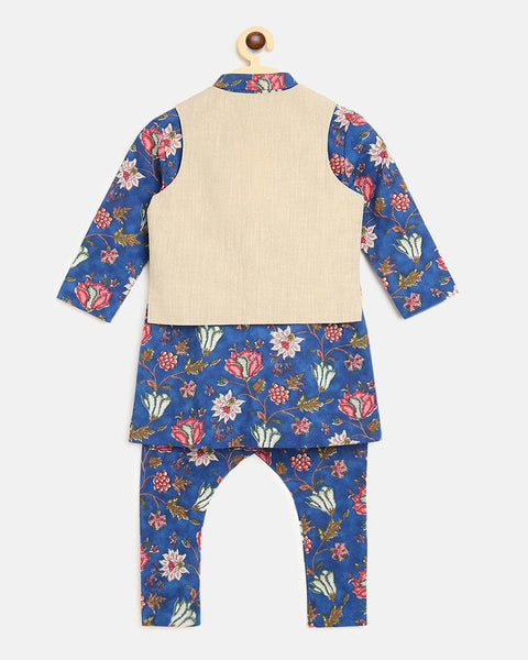 Pre-Order: Boys Bundi Kurta Set Printed Floral - Blue