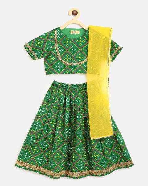 Pre-Order: Girls Lehenga Set Printed Bandhani - Green