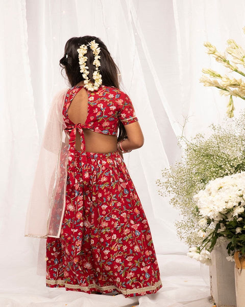 Pre-Order: Girls Lehenga Set Printed Floral - Red
