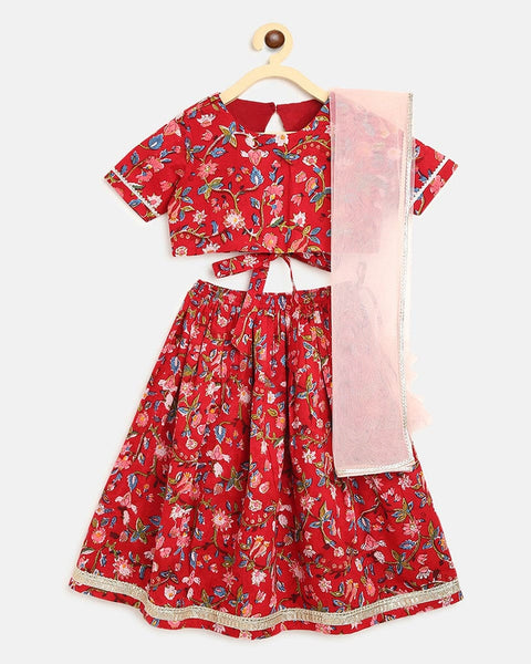 Pre-Order: Girls Lehenga Set Printed Floral - Red