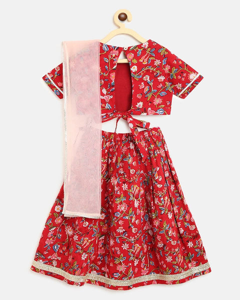 Pre-Order: Girls Lehenga Set Printed Floral - Red