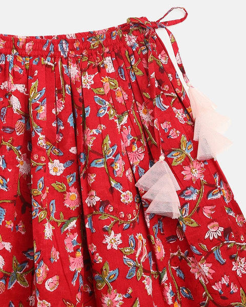 Pre-Order: Girls Lehenga Set Printed Floral - Red