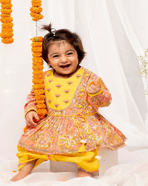 Pre-Order: Baby Girl Angrakha Set Printed Floral - Peach