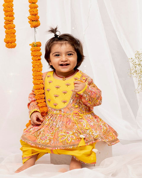 Pre-Order: Baby Girl Angrakha Set Printed Floral - Peach