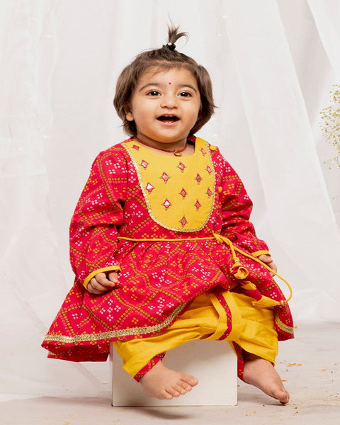 Pre-Order: Baby Girl Angrakha Set Printed Bandhani - Pink